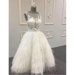 New Luxury Saudi Arabic White Feather Prom Dresses 2020 Illusion Tutu 3D Flower Prom Gowns Ankle Length Formal Dress Vestidos Longo