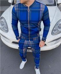 Mens New Fashion Tracksuits Mens Plaid Print Two-piece Suits 2020 New Plaid Jacket + Long Pants Casual Men's Suits