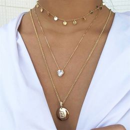 Boho Multilayer Heart Crystal Letter Pendant Necklace For Women Fashion Long Chain Round Charm Statement Choker Necklace Jewellery