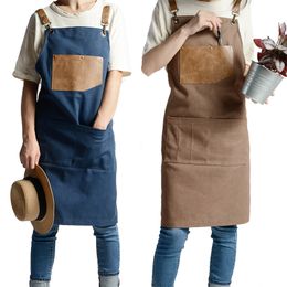 Fashion Adjustable PU Canvas Apron Coffee Shop Barber Aprons Bib Cooking Kitchen Aprons For Woman Man Work Apron With Pockets LJ200815