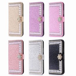 for iphone x glittering cases xr xs max 6 7 8 plus fashion designer diamond rhinestone pearl flower flip leather wallet case