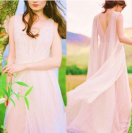 2021 Elegant Boho Chiffon Wedding Dresses With Ribbon Open Back V Neck Beach Bridal Gowns Simple Country Engagement Dress Plus Size