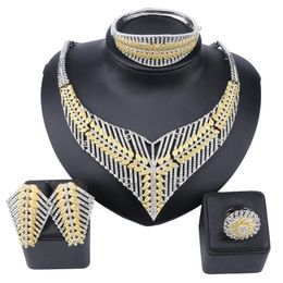 Bridal Dubai Gold Silver Jewelry Sets Crystal Necklace Earring Ring Bangle Nigerian Wedding Party Women Fashion Jewelry Set