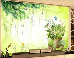 Fresh green potted flowers wallpapers hand-painted living room background wall decoration painting window mural wallpaper