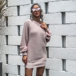 Sexy Schulterfrei Pullover Frauen Langarm-Strick Pullover beiläufige Herbst lose Strickwaren Wollpullover Dame Outwear Tops