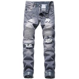 JEWUTO 2020 Jeans da uomo Marca Jeans da motociclista da uomo con foro dritto di alta qualità Pantaloni in denim per nero blu