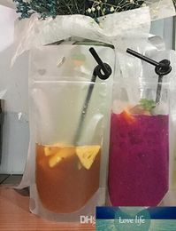 New Design Plastic Frosted Drink Packaging Bag Pouch for Beverage Juice Milk Coffee, with Handle and Holes for Straw