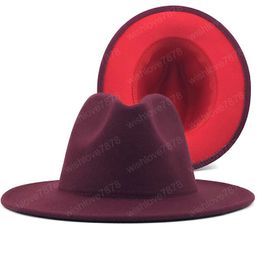 Unisex Outer wine red Inner Red Wool Felt Jazz Fedora Hats with Thin Belt Buckle Men Women Wide Brim Panama Trilby Cap