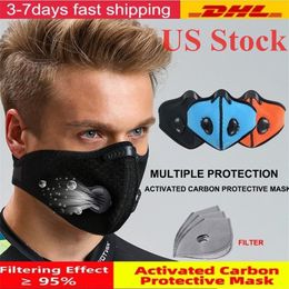 US Stock Aktiverad ansiktsmask Koldioxidcykel med filter PM2.5 Anti-Dust Sport Running Training MTB Road Bike Protection Mask DHL Shipping