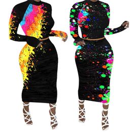 Женские пунктирные граффити напечатанные с длинными рукавами платье с длинными рукавами O-образным вырезом повседневная лаундж-износ тонкой лодыжки Vestidos Elegant Femme одежда