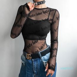 Hot Sale HEYounGIRL Sexy Transparent Black Mesh Woman Tshirt Top Long Sleeve Harajuku Ladies T Printed Cotton Tee Shirt Spring