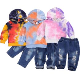 Kids Girls Clothes Tie Dye Girl Hooded Tops Hole Denim Pants 2PCS Sets Long Sleeve Children Outfits Boutique Kids Clothing DW5976