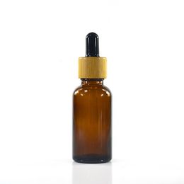 30ml refillable blue green clear amber glass essential oil dropper bottle with real bamboo dropper cap for serum perfume