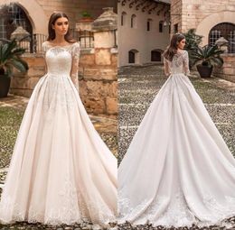 Elegant Modest Bateau Neck A Line Wedding Dresses Long Sleeves Satin Lace Applique Sweep Train Wedding Dress Bridal Gowns Vestidos