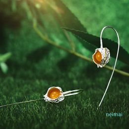 Hot Sale Lotus Fun Real 925 Sterling Silver Earrings Natural Stone Fine Jewellery Design Physalis Fruits Dangle Earrings for Women Brincos