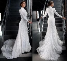 Charming Muslim Lace Mermaid Wedding Dresses High Neck Long Sleeves Beaded Bridal Gowns Sequined Sweep Train Appliqued robe de mariée