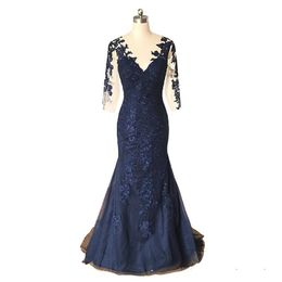 Elegant Navy Mermaid Mother of the Bride Dresses Full Length Lace Applique Women Formal Evening Gown 3/4 Long Sleeve Prom Party Dress