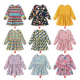 Autumn Children Dress Long Sleeve Flower Print A-Line Dresses Girls Princess Skirts Beach Dresses Clothing Boho Kids Clothes M2660