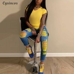 CYSINCOS Sexy Ripped Jeans For Women Denim Pencil Pants High Waist Stretch Skinny Boyfriend Jeans Torn Jeggings Plus Size