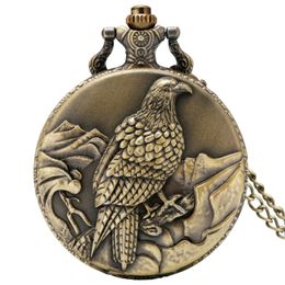 Classic Antique 3D Big Eagle Bird Pocket Watch Retro Bronze Quartz Analog Watches Necklace Chain for Men Women Gift