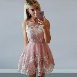 Fashion Sheer Neck Blush Pink Short Homecoming Dresses A Line Sleeveless Tulle Cocktail Party Dress With Lace Appliques Custom Made Z49