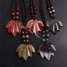 50Pcs Handcrafted Natural Semi Precious Gemstone Carved Quartz Crystal Canadian Marple Leaf Autumn Leaf Pendant Long Necklace Birthday Gifts