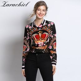 Runway Designer Plus size Blouses 2019 Spring Summer Women's Long Sleeve Vintage Chiffon Flower Crown Print Shirt Fashion Tops CX200821