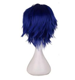 QQXCAIW Men Short Costume Cosplay Wig Boys Dark Blue 30 Cm Heat Resistant Synthetic Hair Wigs