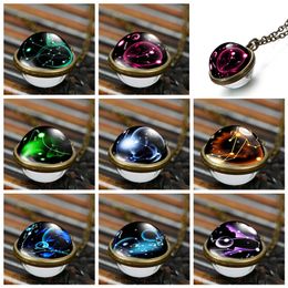 Double sided glass ball Twelve constell Pendant necklace 12 horoscope sign Glasses Cabochon Moon Time Gemstone necklaces hip hop Jewellery