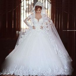 Luxury White Tulle Ball Gown Wedding Dresses With Illusion Long Sleeves Off Shoulder Lace Appliques Train Bridal Gowns Vestidos de Novia