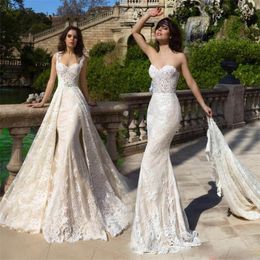 Mermaid Wedding Dresses With Jacket Detachable Train Lace Appliqued Sleeveless Bridal Gown Beach Chapel Custom Made Vestidos De Novia