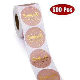 500pcs Roll 1inch Handmade With Love Paper Stickers Round Labels Baking Wedding Party Gift Bag Decoration