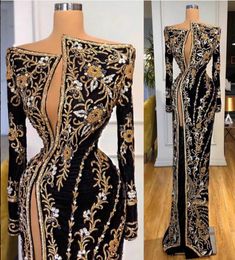 Evening dress Yousef aljasmi Kim kardashian Gold Appliques Embroidery Mermaid Long sleeve Crystal Black Zuhair murad Ziadnakad 0017