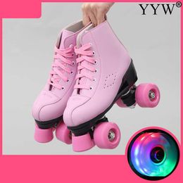 -Patins de rolos em linha Pink Artificial Couro Mulheres Homens Adulto 2 Linha Skate Sapatos Dupla Patines Pu 4 Rodas Patin