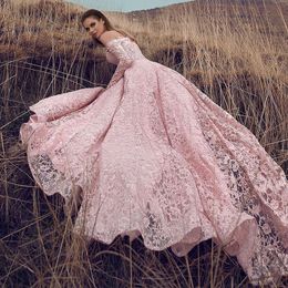 Amazing Pink Lace Wedding Dresses Off Shoulder Long Sleeves 2022 Open Back Bridal Dress Vestidos De Novia Country Wedding Dress Pl222J