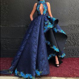 Dark Navy High Neck Lace Evening Dresses Saudi Arabia Keyhole Style Embroidered A Line Ruffles Prom Dresses Dubai Vestidos