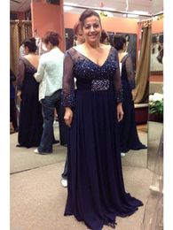 2020 Mother Of The Bride Dresses Navy Blue deep V Neck Beading Crystal chiffon Long Sleeves beaded Long Evening Prom gowns for mother