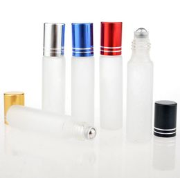 500pcs/lot 10ml Frosted Glass Roll On Essential Oils Perfume Bottles Stainless Steel Roller Ball 1/3oz SN3295