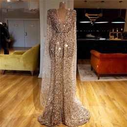 Newest Arabic Evening Dresses Sequins Front Split V Neck Long Mermaid Prom Dresses With Wrap Vintage Formal Party Second Reception Gowns