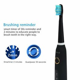 Fairywill Sonic Electric Toothbrush Rechargeable Timer Brush 5 Mode USB Charger Tooth Brushes Replacement 3 Brush Head Set Adult