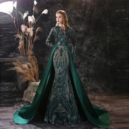 Hunter Green Prom Dresses With Detachable Train Full Sleeves Sequined Mermaid Evening Dress in Stock Gowns Vestidos Real Images