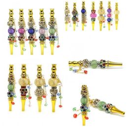 Aluminium Alloy Cigarette Holder Inlay Beads Rhinestone Hookah Shisha Plated Gold Metal Smoking Pipes Coloured Filterable 14 5mt G2