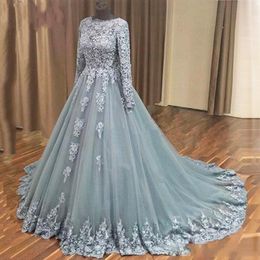 2021 Lace Evening Dresses With Long Sleeves FDor Muslim Women Flowers Applique Jewel Zipper Prom Party Formal Dress Train Plus Size Cheap