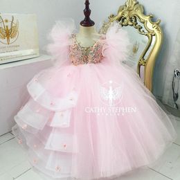 Pink Lace Crystals 2020 Flower Girl Dresses Ball Gown Tulle Little Girl Wedding Dresses Vintage Communion Pageant Dresses Gowns F187