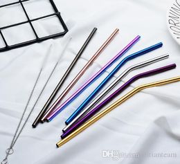 US STOCK~6*215mm 304 Stainless Steel Straw Bent And Straight Reusable Colourful Drinking Straws Metal Cleaner Brush Hotselling Tool FY4139