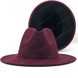 Simple Outer wine red Inner black Wool Felt Jazz Fedora Hats with Thin Belt Buckle Men Women Wide Brim Panama Trilby Cap