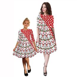 New Digital Printing Mother And Daughter Matching Dress Round Neck Mid Sleeve Dress European And American Fashion Clothing Wholesale