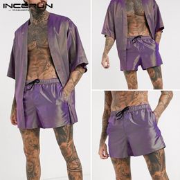 INCERUN Fashion Men Pajamas Sets Open Stitch Half Sleeve Cardigan Drawstring Shorts Homewear Mens Sets Chic Shiny Nightwear Suit T200813
