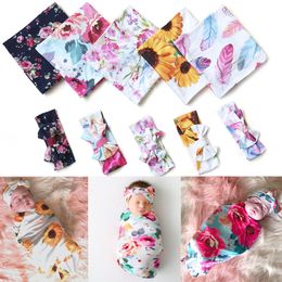 A852 Florals Baby Muslin Swaddle Wrap Blanket Wraps Blankets Nursery Bedding Towelling Baby Infant Wrapped Cloth With Headband 2pcs/set