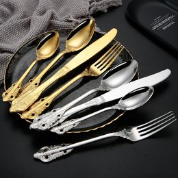 Vintage Cutlery Stainless Steel Western Tableware Knives Forks Spoon Teaspoon Relief Dinnerware Wedding Party Kitchen Tableware HHA1543